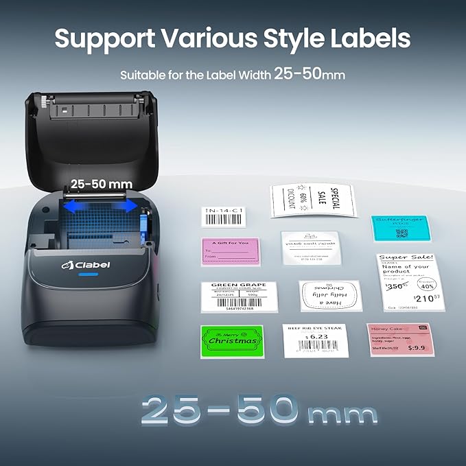 CLABEL Thermal Label Maker Machine: 221B Bluetooth Label Maker Machine with Tape Mini Sticker Printer Barcode Printer Compatible with Smartphone with 1 Roll 40x30mm Label (Blue)