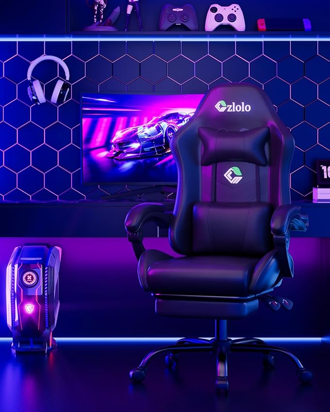 Gaming Chair, Ergonomic Office Computer Chair with Footrest and Lumbar Support Massager Racing Style High Back Video Gamer Chair, Wide＆Thick Cushion, 90°-135° Recline, Adjustable Height, Black