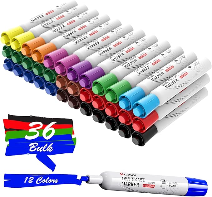 Comix Dry Erase Markers, Chisel Tip White Board Markers, 36 Bulk 12 Assorted Colors Low Odor Markers for Teachers Office & School Supplies