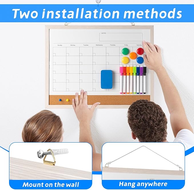 Dry Erase Calendar Whiteboard, 17" x 13" Magnetic Whiteboard Cork Board Combo, Reusable Monthly Planner with 8 Markers, Eraser, Magnets and Pushpins, Hanging Dry Erase Board for Home, School - White