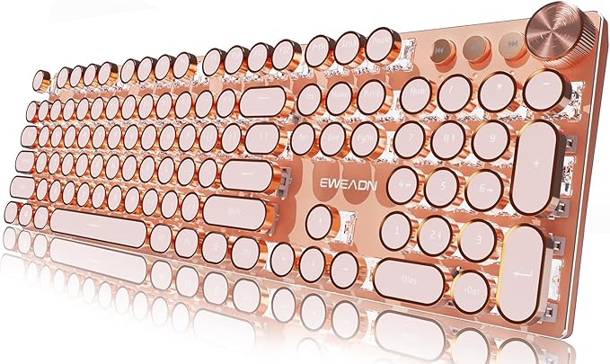 EWEADN Typewriter Style Mechanical Gaming Keyboard, Wired Mechanical Keyboards,104 Keys Backlit LED Keyboards, Media Control Knob, Wired Computer Keyboard Pink Switch for Windows/Mac/PC-Pink