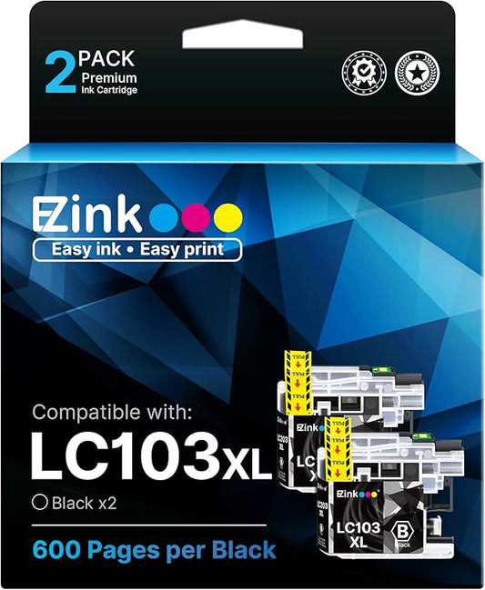 E-Z Ink Compatible Ink Cartridge Replacement for Brother LC-103XL LC103XL LC103 XL LC103BK High Yield Compatible with DCP-J4110DW DCP-J152W MFC-J285DW MFC-J870DW MFC-J245 MFC-J4310DW (2 Black)
