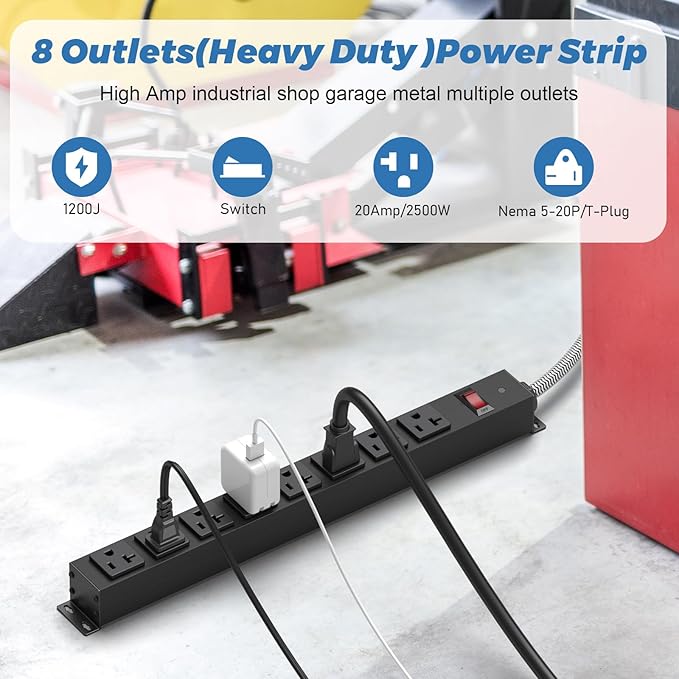 HEZI 20 Amp Power Strip Surge Protector 1200J, Metal 8 Outlets Heavy Duty 20amp, 10Ft 12 Gauge Extension Cord for Appliance Workbench Garage Industrial, Combine with T-Plug Adapter,5-20R T-Slot