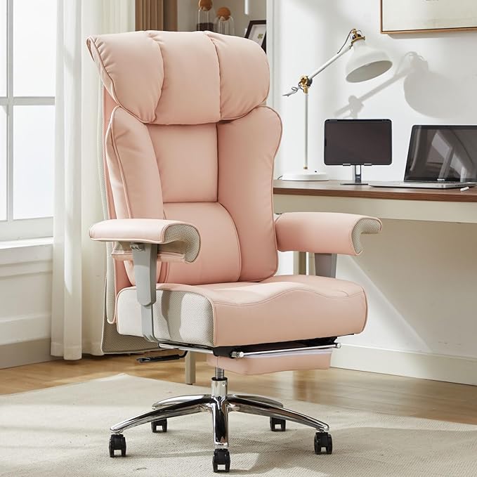 Efomao Big and Tall Ergonomic Office Chair 450LBS with Foot Rest, High Back PU Leather Executive Chair with Adjustable Padded Armrests, Lumbar Support for Home or Work, Heavy Duty Computer Chair, Pink