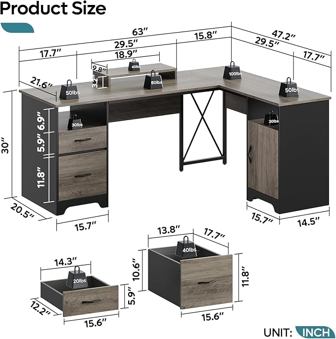 Bestier L Shaped Desk with File Drawers, 63" x 47" Office Computer Desk with Storage Cabinet, Corner Desk with Monitor Stand & Modesty Panel for Home Office, Gray