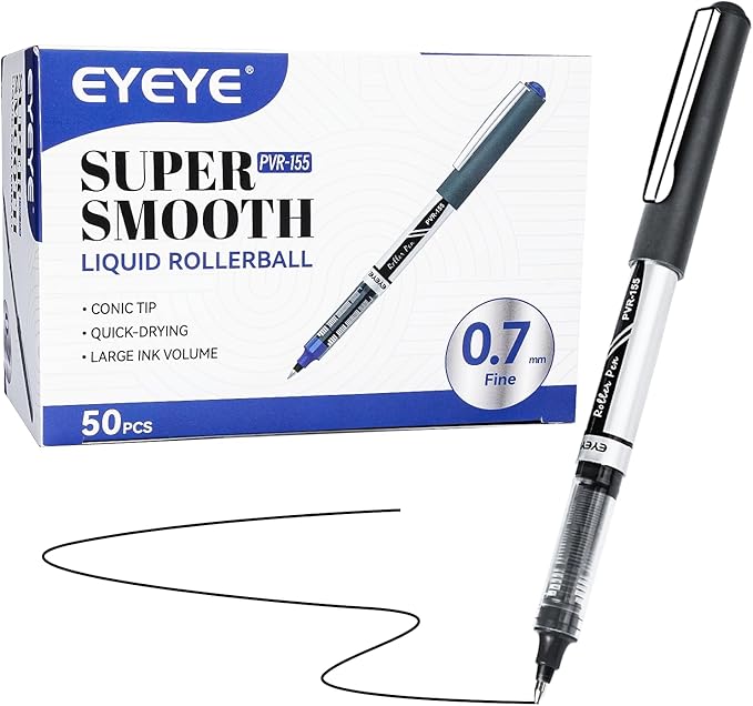 EYEYE 50 Pack 0.7mm Black Rollerball Pens, Medium Point Roller Ball Pen Quick Dry, Liquid Ink Pens Fine Point Smooth Writing Pen for Journaling, Note Taking, Office and School Supplies