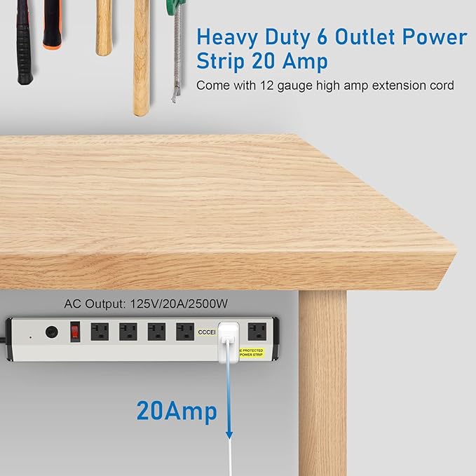 CCCEI Heavy Duty Power Strip Surge Protector 20 Amp, High Amp Industrial Shop Garage Metal Multiple Outlets, 15 FT 12 Gauge 5-15P Extension Cord 6 Outlet 6-20R T-Slot 20a for Appliance.