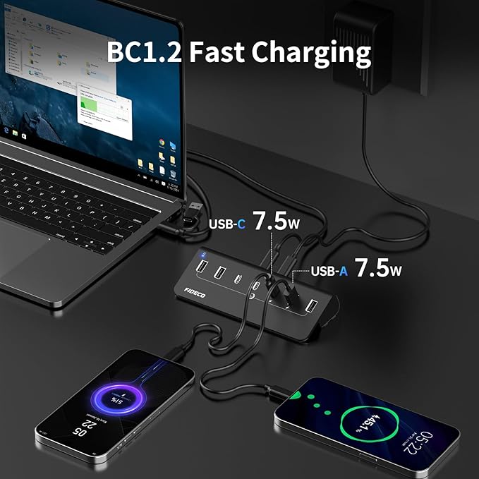 FIDECO Powered USB Hub, 7 Port USB 3.2 Gen 2, 10Gbps Fast Data Hub for iPhone 16/15 and Laptop, Aluminum USB Splitter with 5V 3A Power Adapter, 4 USB-A and 3 USB-C Ports, Support BC1.2 Charging