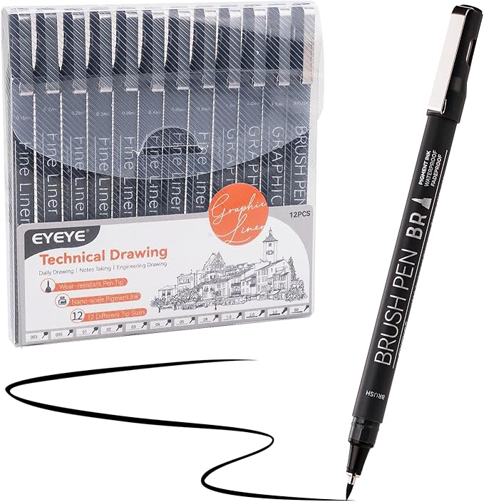 EYEYE Micro Fineliner Pens, Black Drawing Art Pens,12 Archival Pen Waterproof Ink Set Artist Supplies Archival Inking Markers Sketch Outline Pen, Precision Drawing and Sketching Kit
