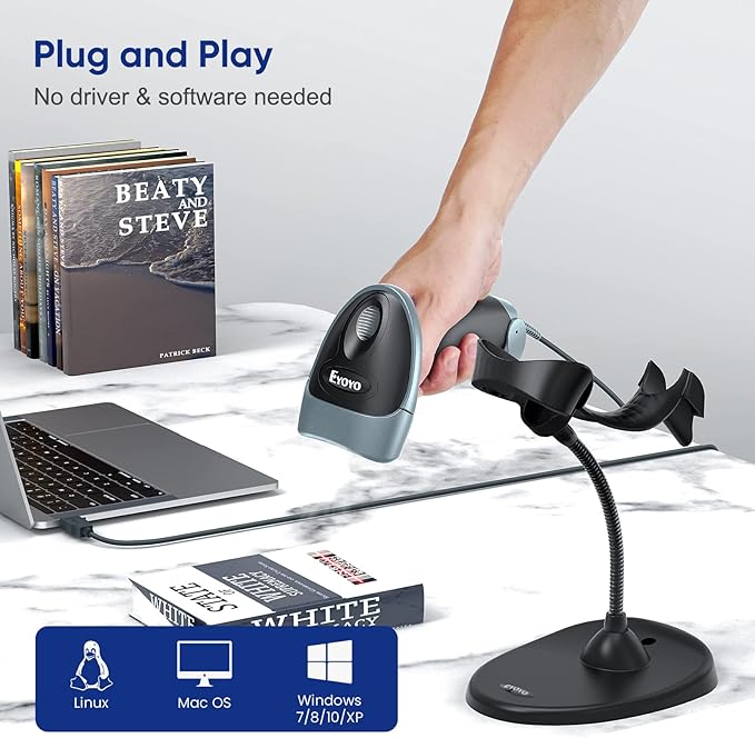 Eyoyo Handheld 2D Barcode Scanner with Gooseneck Stand, Automatic USB Wired QR Code Scanner Bar Code Reader Support Screen Scanning for PC POS System Library Store Supermarket Check-Out, Inventory…