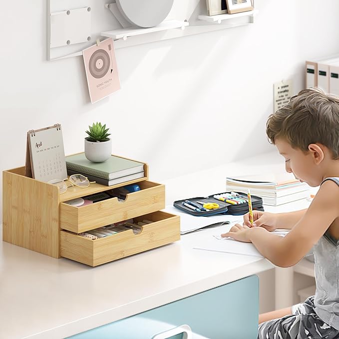 Desk Organizer with Drawers - Bamboo Desktop Organizer Storage | Wood Desk Drawers Organizer for Bills, Office Supplies, Cosmetics, Seals No Assembly Required (2 Drawer)