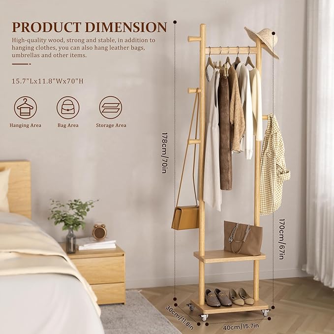 Coat Rack Freestanding Clothing Rack with Wheels & 2 Shelves Storage & 5 Hooks Heavy Duty Clothes Rack Wood Coat Tree Stand Hat Hanger Rack for Corner Bedroom Entryway Living Room Hotel