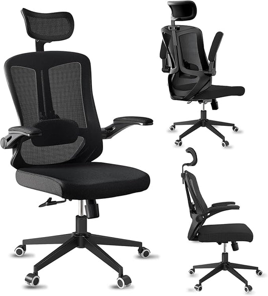 Comfy Office Chair, Home Ergonomic Desk Chairs, High Back Gaming Mesh Computer Chair with Wheels, Lumbar Support, Adjustable Headrest, Flip-up Armrest 350LBS Capacity