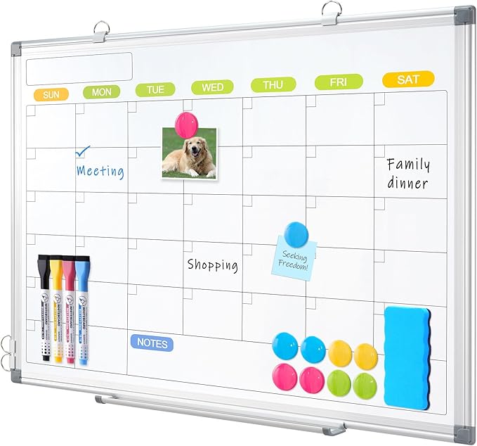 Dry Erase Calendar Whiteboard for Wall, WALGLASS 24" x 18" Magnetic White Board, Monthly Dry Erase Calendar with Silver Aluminum Frame, Double-Sided Hanging Portable Board for Office, Home, School
