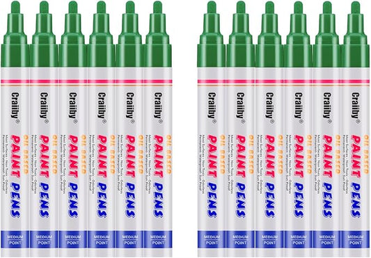 Green Paint Markers, 12 Pack Oil-Based Waterproof Quick Dry Permanent Paint Pen Set for Rocks Painting, Wood, Fabric, Plastic, Canvas, Glass, Mugs, Metal, Tire, Stone, DIY Craft