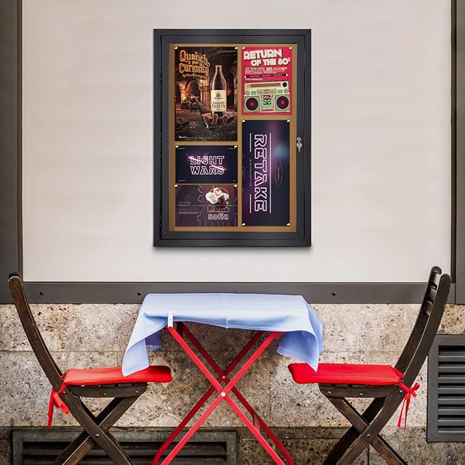 Enclosed Bulletin Board Outdoor Noticeboard with Locking Door, Weather-Resistant, Cork, Black Aluminum Frame, 36 x 24 in