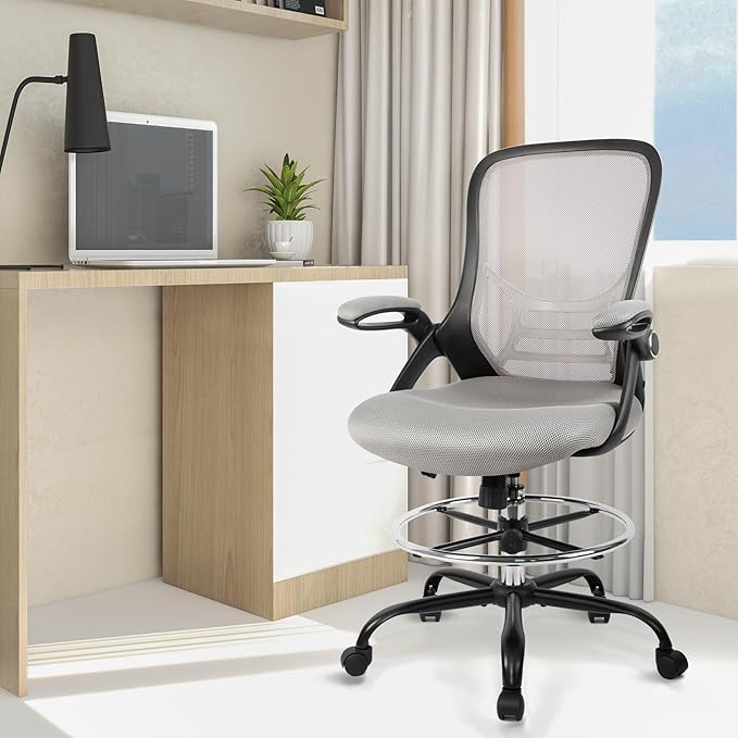 HYLONE Drafting Chair, Tall Office Chair Standing Desk Chair Grey Mesh High-Back Drafting Stool with Flip-Up Arms, Adjustable Foot Ring