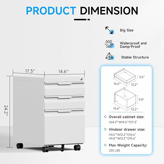 Bestoo 3 Drawer Mobile File Cabinet, Metal Filing Cabinets with Lock Wheels Under Desk, Lockable Rolling File Cabinet for Home Office, Fit Letter/Legal/A4 Size (White)