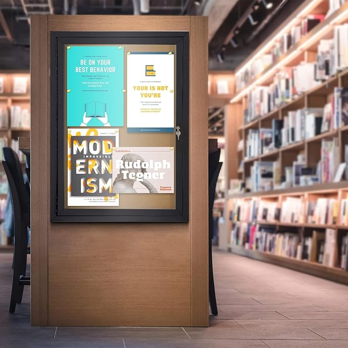 Enclosed Bulletin Board Outdoor Noticeboard with Locking Door, Weather-Resistant, Cork, Black Aluminum Frame, 36 x 24 in