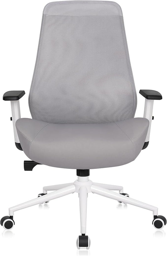 HYLONE Office Chair, 5" Thickened Seat Ergonomic Desk Chair with Adjustable Armrests, Home Office Computer Chairs for Long Hours Mesh Executive Chair(White Base&Grey)