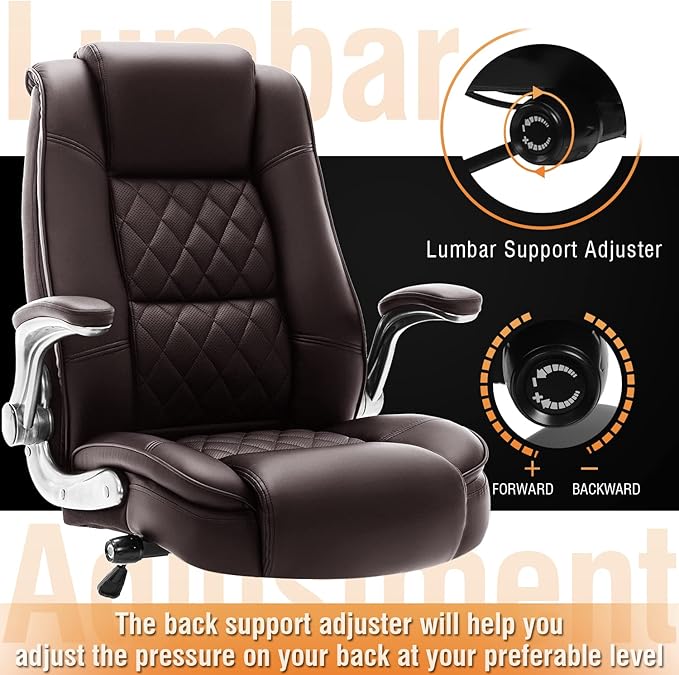 EZAKI High Back Office Chair-Flip-up Arms Executive Computer Desk Chair, Built-in Lumbar Support Thick Padded Adjustable Rock Tension Ergonomic Design for Back Pain (Brown)