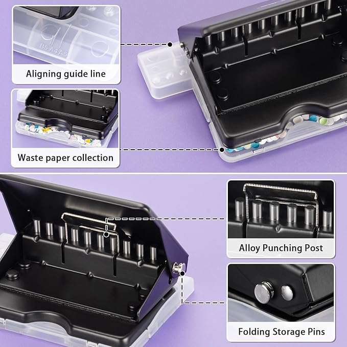 IMLIKE 10-Hole Binding Machine for Planners - Metal Manual Binding System with 10 Multi-Color 30-Hole Loose Leaf Binding Spines - Punches 26 Holes on B5, 30 Holes on A4, 20 Holes on A5 Paper - Black