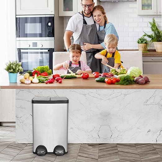 Dual Trash Can, 60 Liter/16 Gallon Dual Bin Trash Can with Lids, Kitchen Trash Can Dual Compartments, Trash and Recycling Bin Combo, Hands-Free Stainless Steel Kitchen Trash Can