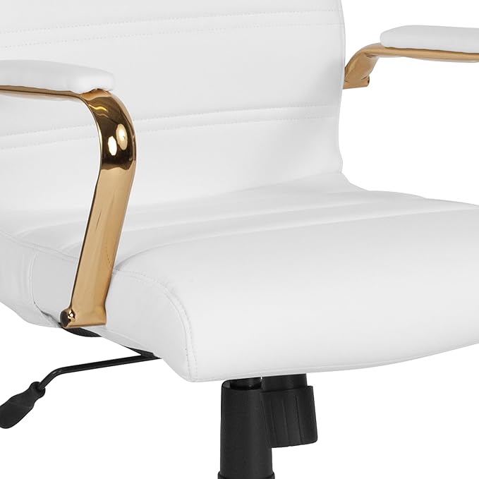 Flash Furniture Whitney Mid-Back Swivel LeatherSoft Desk Chair with Padded Seat and Armrests, Adjustable Height Padded Office Chair, 27"D x 26"W x 43"H, White/Gold
