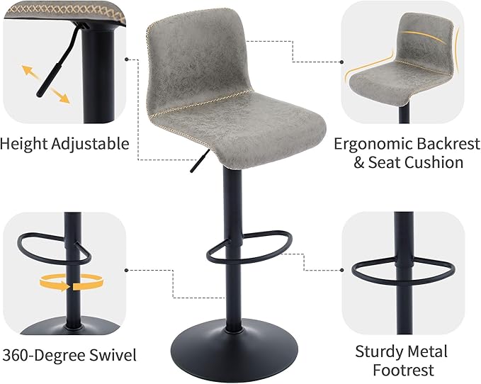 HeuGah Bar Stools Set of 3, Swivel Counter Height Barstools with Back, Adjustable Height 24" to 32", Gray Faux Leather Bar Chairs for Kitchen Island (Gray, Set of 3 (24'' to 32''))