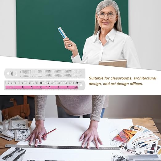 HARFINGTON 2pcs Metal Straight Ruler 20cm Metric SAE Aluminum Alloy Measuring Rulers Scale Tools with Hole for Measure Study Reading Classroom Office, Pink