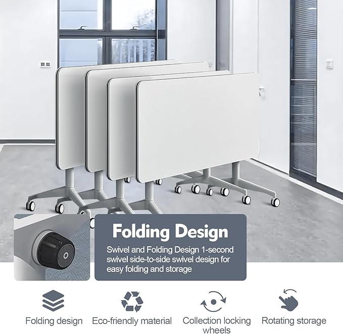 Folding Conference Room Table, Modern Mobile Training Table with Wheels, White Foldable Seminar Meeting Tables for Office Corporations(4pack 70.9in)