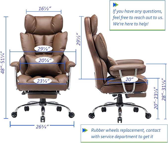 Efomao Big and Tall Office Chair 400lbs – High Back PU Leather Executive Chair with Lumbar Support, Footrest, Swivel Base, Padded Armrests, and Rolling Wheels for Home Office, Brown Computer Chair