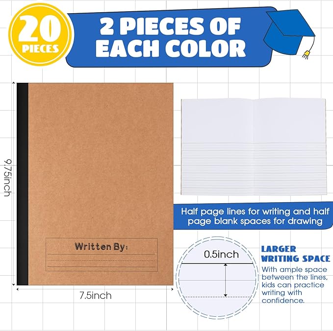 Henoyso 20 Pcs Primary Composition Notebook 9 3/4 x 7 1/2 Inch Kids Journal, Back to School Supplies, K-2 Primary Writing Notebook for Kids Student Draw and Write Story Journal (Black Color)