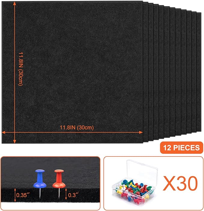 Cork Boards for Walls 48" x 36" Felt Board Alternative, 12 Pack Felt Wall Tiles Bulletin Board, Large Cork Board for Office Pin Board Tack Board Cork Boards
