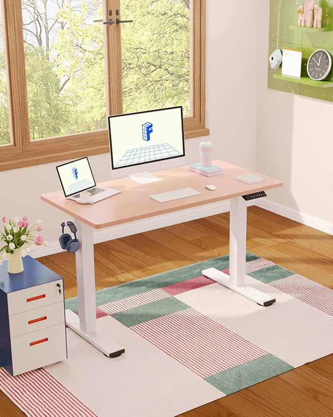 FLEXISPOT EN1 One-Piece Standing Desk, 48 x 24 Inches Electric Height Adjustable Desk for Home Office (White Frame + Pink Desktop)