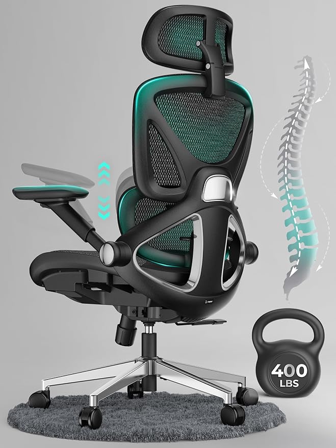 CAPOT Ergonomic Mesh Office Chair, Adjustable Lumbar High Back Desk Chair 400lbs, 4D Flip-up Arms, 3-Level Tilt Backrest, 3D Headrest, PU Wheels, Swivel Rolling Computer Seating for Long Desk Work