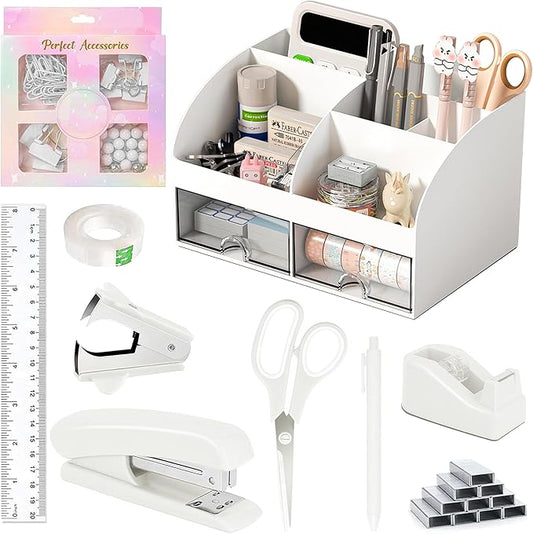 Desk Accessories with Pen Holder, Office Supplies Desk Organizers and Accessories, Tape Dispenser, Stapler, Staple Remover, Staples, Clips Set, Ruler, Scissor, Pen, Tape (White)