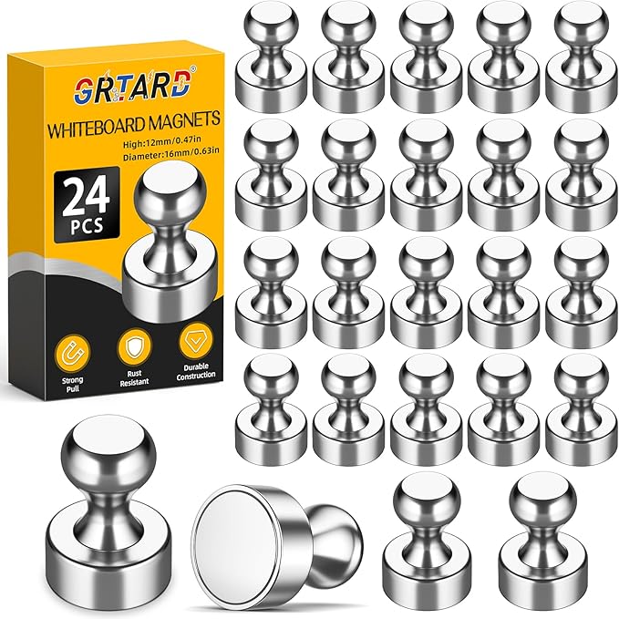 Grtard 24 Pack Magnetic Push Pins, Fridge Magnets for Whiteboard, Whiteboard Magnets Refrigerator Magnets, Small and Strong Push Pin Magnet for Office, School, Locker, and Map Magnet