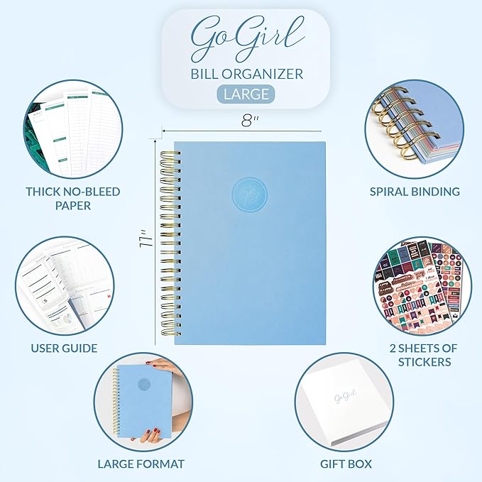 GoGirl Budget Planner & Monthly Bill Organizer – Monthly Financial Book with Pockets. Expense Tracker Notebook Journal, Large (Periwinkle)