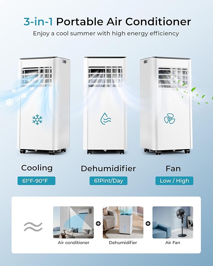 EUHOMY 10,000 BTU Portable Air Conditioners Up to 450 sq.ft, 3-1 Standing Smart Cooling AC with Remote, Dehumidifier, Fan, Air Conditioner Cools Room, 3 Modes, 24-hour timer, LED Display, Bedroom
