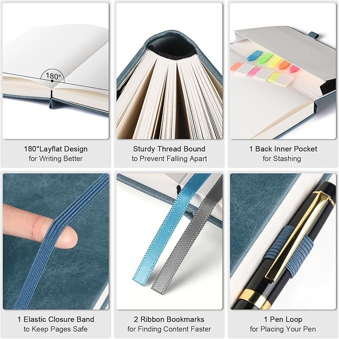 Graph Paper Notebook, 312 Numbered Pages B5 Hardcover Leather Journal, 100gsm No Bleed Grid Paper Notebook with Index Pages, Grid Notebook for Graphing Notes Math, 7.6'' X 10'', Grey Blue