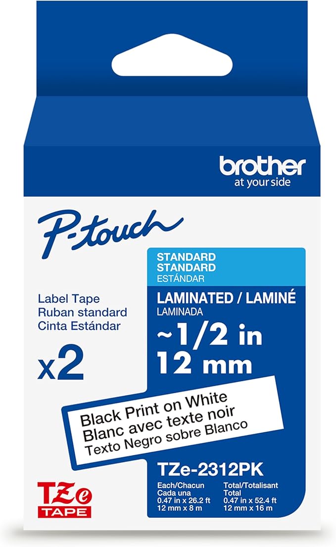 Brother Genuine TZe231~1/2" 2PK Black Print on White Label Tape. Each: 0.47 in x 26.2 ft (12 mm x 8 m) Total: 0.47 in x 52.4 ft (12 mm x 16 m)