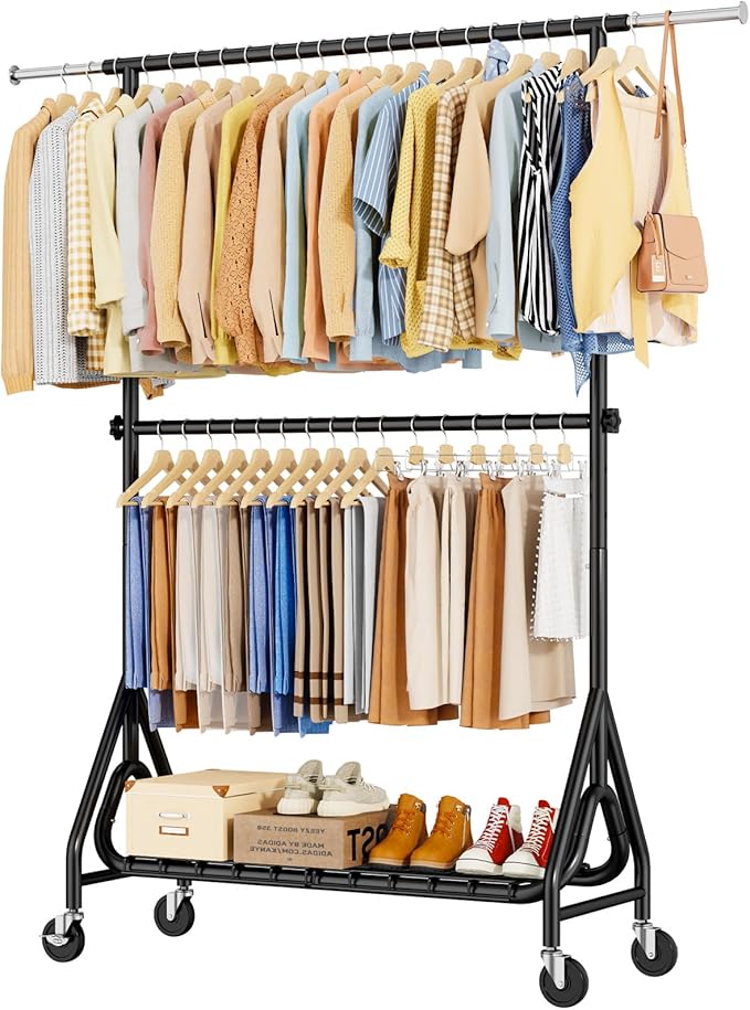 Double Rods Clothing Rack, Heavy Duty Clothes Rack for Hanging Clothes Load 560LBS, Metal Rolling Garment Racks with Wheels, Freestanding Clothes Hanging Racks, Black