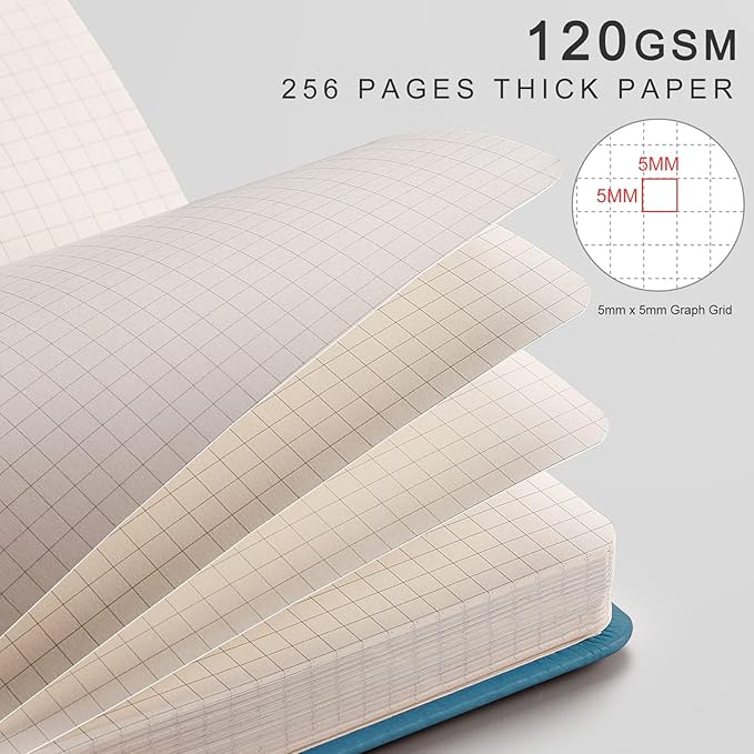 EMSHOI A5 Graph Paper Notebook Journal - 256-Page Hardcover, 120gsm Thick Ink-Proof Paper, PU Leather Cover with Inner Pocket, Portable 5.75"x8.38" Size for Work, Math, Engineering – Light Blue