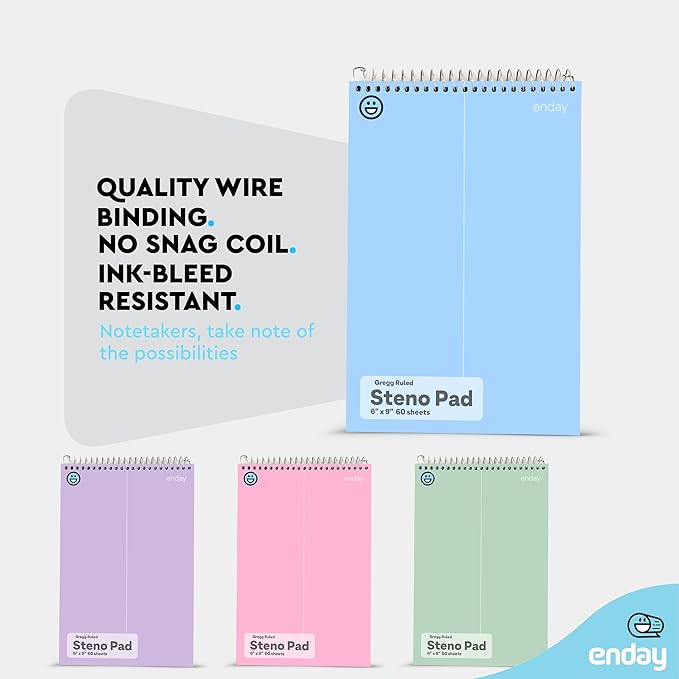 Enday Steno Pads Spiral 6x9 12 Pack, Pastel Colors Gregg Ruled Steno Pad, White Paper Spiral Notepad, 60 Sheets Top Bound Steno Notebook for School, College, Work and Home, 4 Assorted Colors