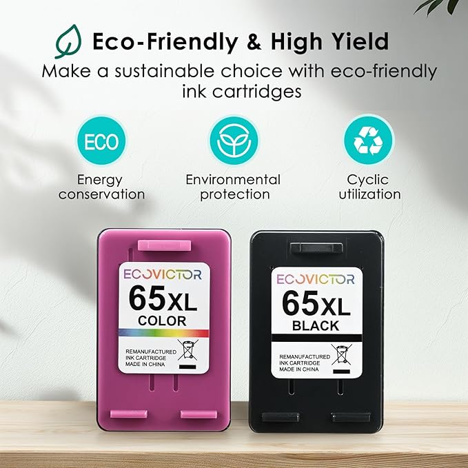 Eco-Friendly Remanufactured Ink Cartridge Replacement for HP Ink 65 XL 65XL Black and Color Combo Pack for 5055 5052 5010 5070 5014 3755 2655 3720 3722 3723 3752 3758 2652 2624 2640 Printer