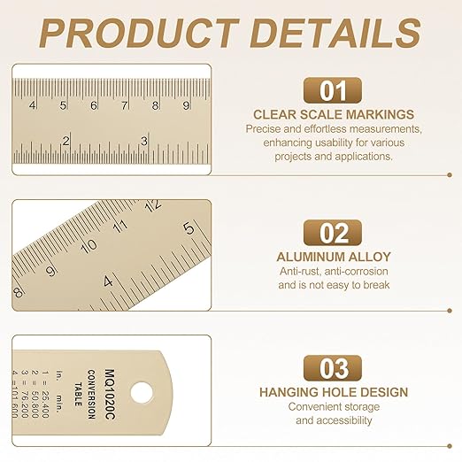 HARFINGTON 6pcs Metal Straight Ruler 20cm Metric SAE Aluminum Alloy Measuring Rulers Scale Tool with Hole for Measure Study Reading Classroom Office, Beige