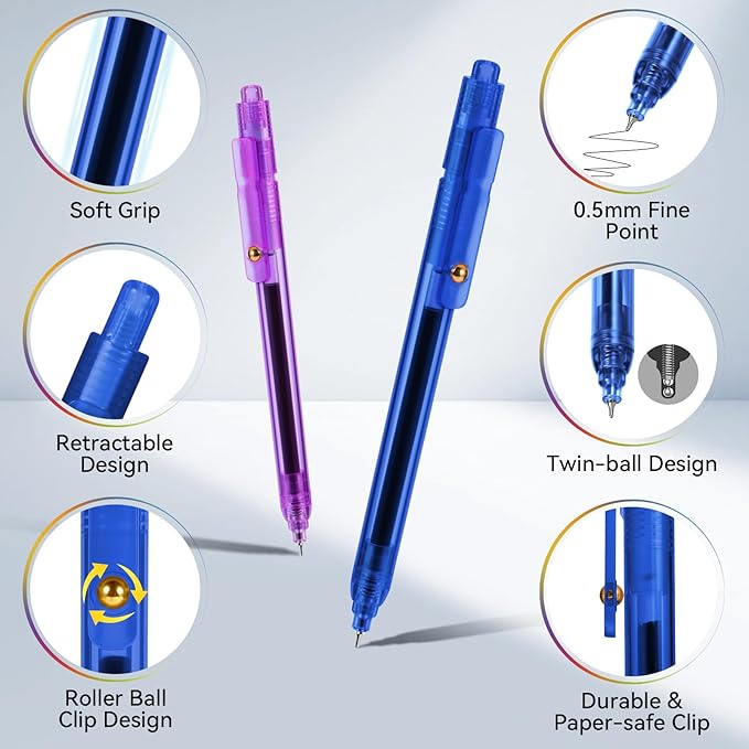 Gel Pens, 8 Pcs 0.5mm Black Ink Fine Point Smooth Writing Pens with 8 Refills, Quick Dry, Retractable Gel Ink Pens, Fun Pens for Teacher, Office, School, Gifts for Women and Men