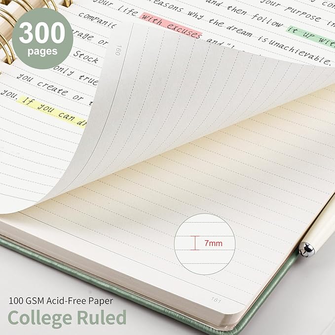 EMSHOI Spiral Notebook College Ruled, 300 Numbered Pages, B5 Large Hardcover Leather, 100 GSM Thick Lined Journal for Women Men Work Writing Journaling Note Taking, 7.48" x 10.15", Light Green