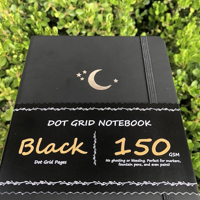 BUKE Dotted Journal - Dot Grid Notebook - 150gsm No Bleed Black Paper - 160 Black Pages - For Women and Men - A5 PU Leather Hardcover 5.75" x 8.5" and Gift Box MOON Stars(BKB-4)